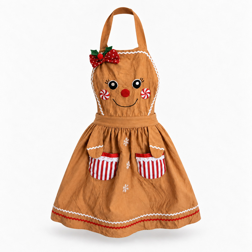 Gingerbread Girl Christmas Apron Peppermint Candy Pockets Holiday Baking